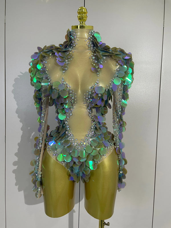 Luxury Sparkly Rhinestones Colorful Sequins Sexy Mesh Stretch Bodysuits Eveing Birthday Party Nightclub Singer Dancer Stage Wear