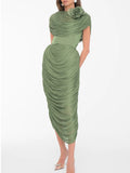 Elegant Spliced Shawl Long Dress for Women Sleeveless High Waist Patchwork Folds Dresses Female New