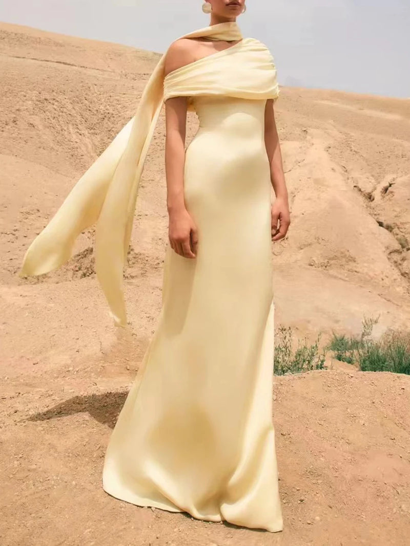 Formal Evening Party Solid Dress for Women Diagonal Collar Off Shoulder High Waist Elegant Maxi Dresses with Ribbon Female
