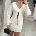 V Neck Women Knit Two Piece Set Single Button Knit Cardigan High Waist Bodycon Mini Skirt Slim Figure Flattering Fit Fashion