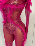 Women Celebrity Evening Party Bar Nightclub Dancer Sexy Stage Costumes Sparkly Rhinestone Long Sleeves Mesh See Through Jumpsuit