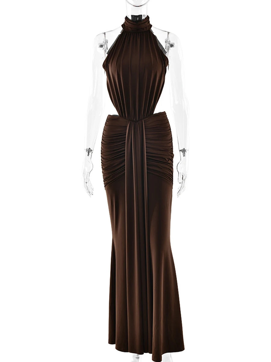 Solid Loose Spliced Folds Chic Dress for Women Halter Sleeveless Sexy Temperament Dresses Female Summer Fashion New