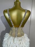 Women See Through Evening Nightclub Bar Party Dance Stage Dress Luxury Sparkly Rhinestones Mesh White Ruffles Patchwork Bodysuit