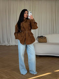 Women Oatmeal Soft Suede Stand Collar Snap Button Pocket Jackets Long Sleeve Coats Autumn Daily Office Party Chic Outerwear 2026