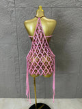 Sexy Crystal Mesh Halter Mini Dress Women Sheer Sequin Embellished Bodycon Outfit Birthday Party Nightclub Performance Costume