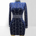 Women's Autumn Winter Rhombus Rhinestone Waist-Hugging Blue Velvet Dress Glam Luxury Party Evening Stage Performance Gown Dress