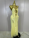 Elegant Luxury Chain Sexy Mesh See Through Halter Low-Neck Backless Sleeveless Long Dress Women Club Party Prom  Holiday Dresses