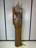 Women Sparkly Diamonds Mesh See Through Bodycon Dress Evening Birthday Party Sexy Nightclub Bar Stage Costume