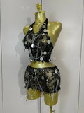 Sexy Evening Party Nightclub Performance Costume Women Birthday Mesh See-Through Pin Decoration Chain Short Dress Two-Piece Set