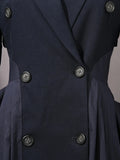 Retro Modern Tunic Design Coat for Women Lapel Puff Sleeve Splied Double Breasted Navyblue Midi Length Jackets Female Autumn