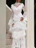 Retro Luxurious Wedding Dress for Women Stand Collar Flare Sleeve Spliced Ruffles Irregular Hem Party Long Dresses Female