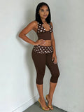 Patchwork 2-Piece Set Women Backless Halter Low-Neck Vest+Folds Elastic Waist Short Fashion Polka Dot Print Suits