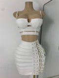 White Two Pieces Dress Set Women Sexy Square Collar Sleeveless Design Crop Top Short Skirt Suit Nightclub Birthday Clothing