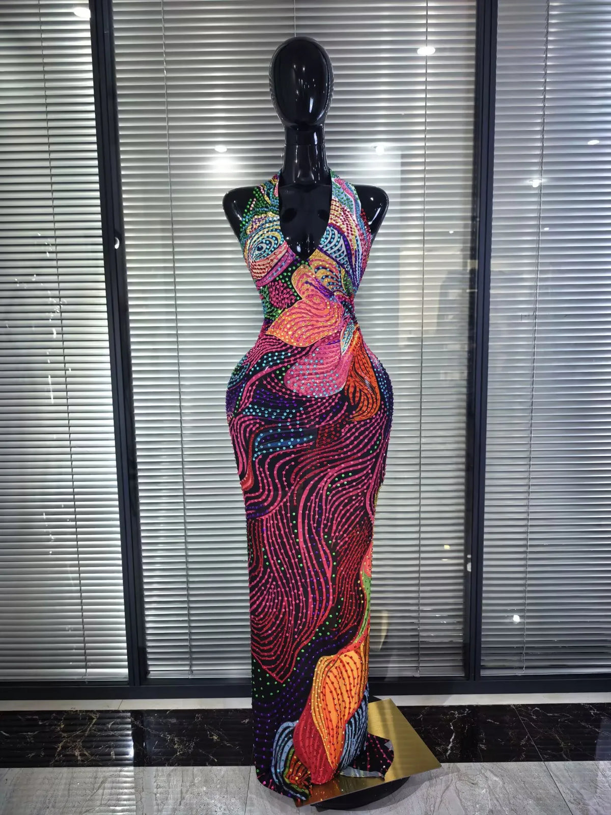 Shining Colorful Print Rhinestones Women Sexy Halter Backless Mesh Long Gowns Dress Nightclub Party Birthday Photoshoot Wear