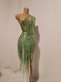 Women Sparkly Rhinestones Tassel Green One Shoulder Sexy See-Through Dress Latin Dance Outfits Bar Nightclub Party Stage Costume