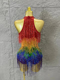 Sexy Rainbow Gradient Fringe Halter Bodysuit Rhinestone Choker Women Stage Performance Carnival Party Outfit