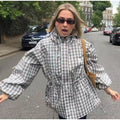Gingham Plaid Hooded Windbreaker Jacket Drawstring Waist Loose  Outerwear 2026 Spring Autumn Lady Retro Outdoor Casual Jacket