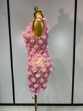 Women Luxury Pink Flowers Pearls Lace See Through Bodycon Mini Dress Birthday Photoshoot Evening Party Nightclub Stage Costume