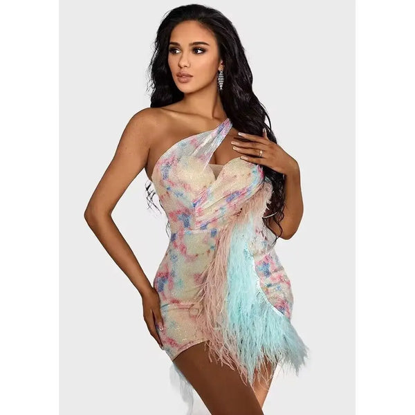 Women's Gorgeous Feather Gradient Sequin One-shoulder Ultra-short Dress Fashion Hot Party Evening Performance Gown Show Costumes