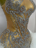 Diamonds Mesh Sexy See Through Cocktail Mini Dress Women Eveing Luxury Birthday Party Singer Nightclub Show Stage Costume