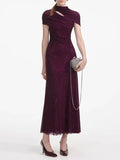 Elegant Business Style Purple Sparkle Gown for Women Asymmetrical Neck Short Sleeves Ruched Waist Skirt for Wedding Toasts