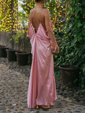 Elegant Backless Evening Dress for Women V Neck Sleeveless High Waist Patchwork Folds Loose Maxi Dresses Female New