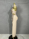Solid Hollow Out Spliced 3D Flower Elegant Dresses for Women Stand Neck Sleeveless Split Sexy Long Dress Female New