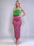 Fashion Strapless Green Feathers Bodycon Bandage Maxi Dress Off Shoulder Green Stripes  Evening Club Party Cocktail Birthday
