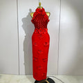 Women Black Red Beaded Flower Mesh Patchwork Long Bandage Dress Celebirty Elegant Prom Evening Club Party Birthday Dresses