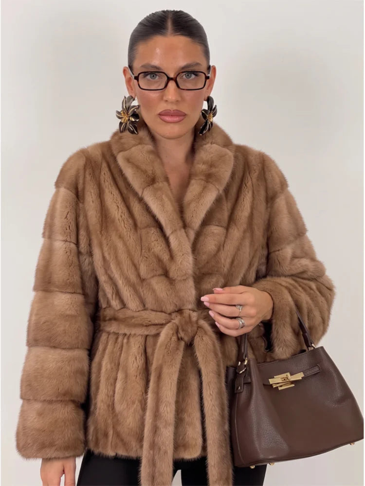 Multi Color Faux Fur Wide Lapel Belted Wrap Jacket Trendy Luxury Long Sleeve Soft Plush Winter Party Daily Office Outerwear 2026