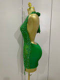 Sexy Sparkly Rhinestones Halter Backless Mesh Velour Short Dress Women Evening Prom Celebrate Birthday Party Stage Wear