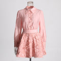 Solid Loose Two Piece Set For Women Lapel Long Sleeve Top High Waist Embroidery A Line Skirt Elegant Sets Female