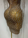Luxury Sparkly Rhinestones Tassel Transparent Mesh Stretch Long Dress Women Evening Celebrate Birthday Dress Sexy Stage Costumes