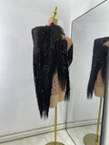 Sexy Mesh See Through Rhinestones Two Pieces Dress Coat Sets Women Sparkly Tassels Performance Singer Dancer Stage Costume