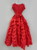 Elegant Spliced Tiered Ruffles Dress for Women O Neck Sleeveless Patchwork Lace Up Slim Formal Evening Puff Dresses Female