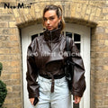 Chic Street Fashion Girls Brown Cropped Faux Leather Jacket Women Funnel Neck Loose Motorcycle Short PU Leather Coat