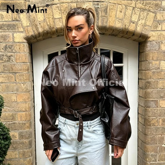 Chic Street Fashion Girls Brown Cropped Faux Leather Jacket Women Funnel Neck Loose Motorcycle Short PU Leather Coat