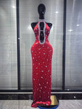 Red Black Women Sexy Halter Off the Shoulder Sparkly Crystal Velvet Bodycon Gowns Dress Celebrate Evening Party Red Carpet Wear