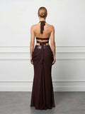 Women Metallic Trim 2 Piece Set Halter Deep V Cutout Crop Top High Waist Ruched Draped Mermaid Skirt Suit Lady Evening Outfit