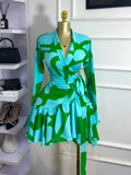 Women Tie Dye Print Flare Long Sleeve Wrap V-neck with Sashes Ruffle Dress 2026 Elegant Vacation Party Birthday Dresses