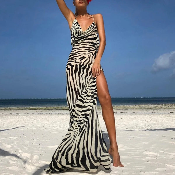 Sexy Backless Long Dress with Kerchief for Women Halter Sleeveless High Waist Split Striped Design Dresses Female