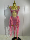 Sexy Mesh Ruffle See-Through Pink Mini Dress Women Sparkly Rhinestone Evening Gown Show Girl Night Club Star Performance Costume
