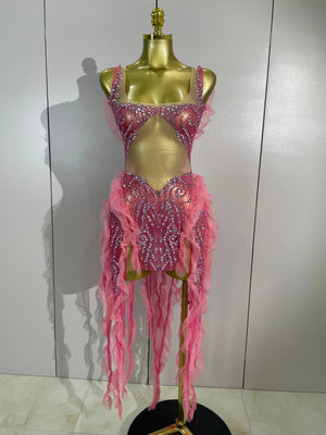 Sexy Mesh Ruffle See-Through Pink Mini Dress Women Sparkly Rhinestone Evening Gown Show Girl Night Club Star Performance Costume