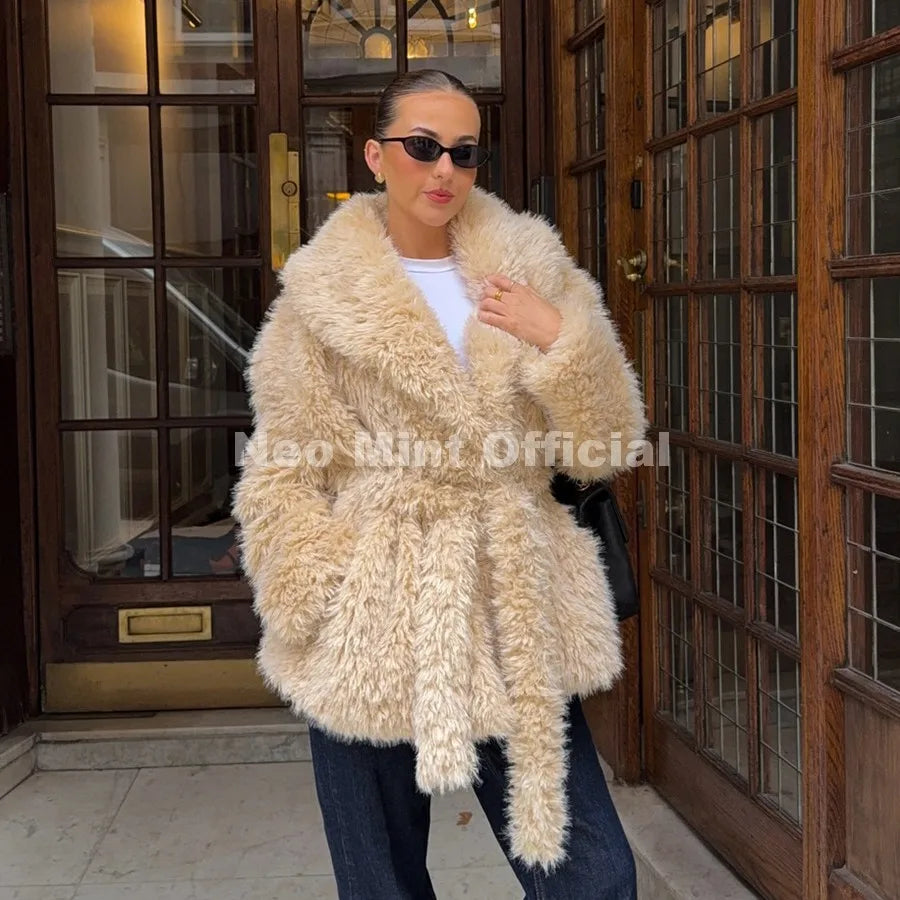 Winter 2026 Long Belted Wrap Fur Jacket Women Street Fashion Girls Shawl Collar Faux Lamb Fur Robe Coat Fuzzy Outerwear