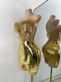 Sparkly Diamonds Top Mini Skirt Sets Gold Nightclub Performance Outfit Luxury Party Stage Celebrity Two Pieces Sets