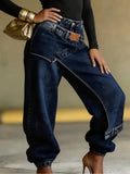 Women High Waist Wide Leg Jeans Layered Washed Asymmetrical Hip Hop Streetwear Summer