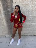Casual Tracksuit 2-Piece Set Women Patchwork Zip Letter Print Jacket+Drawstring Shorts Matching Simple Sporty Outfit