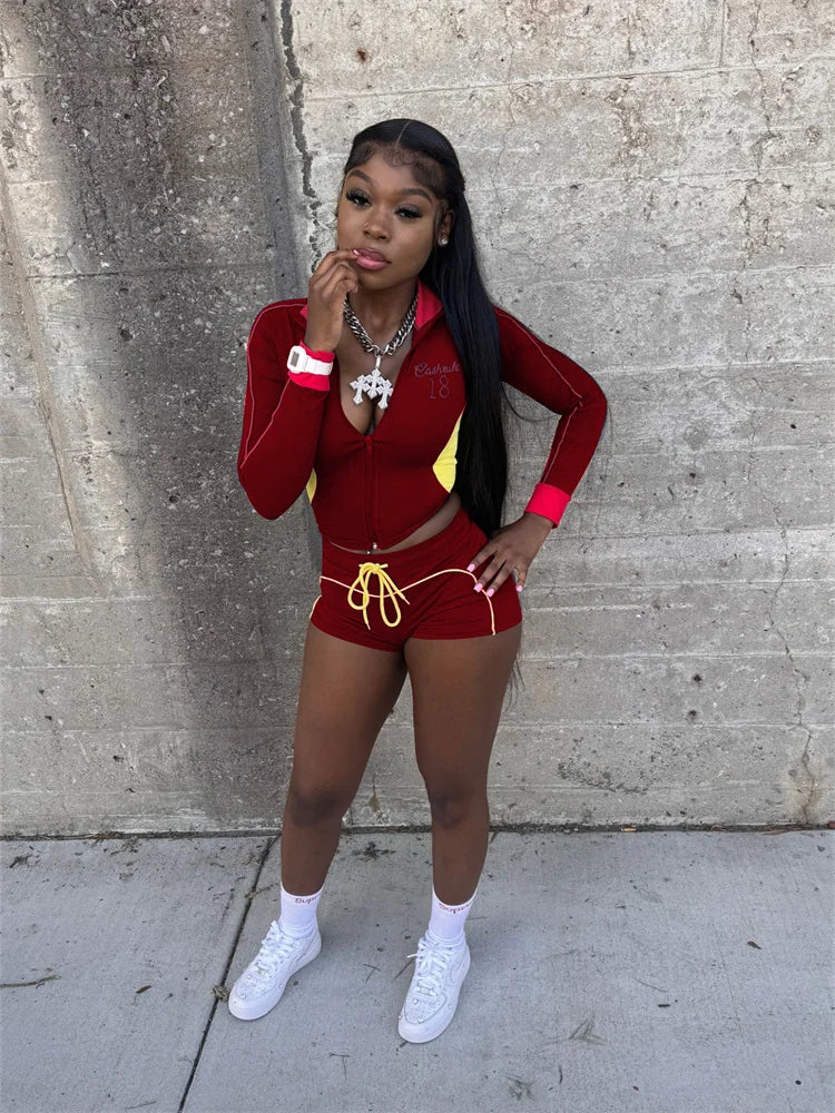 Casual Tracksuit 2-Piece Set Women Patchwork Zip Letter Print Jacket+Drawstring Shorts Matching Simple Sporty Outfit