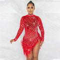 Sexy Pearls Rhinestone Party Dresses Women Elegant Nightclub Feather Birthday Dress Long Sleeve Mesh Sheer Bodycon Dress