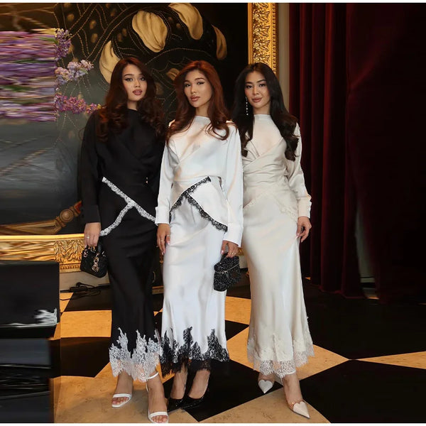 Elegant Satin Lace Patchwork Skirt Set Women Lace Up Waist Cinching Shirt A-line Long Fishtail Skirts 2026 Spring Party Suit New